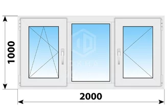 Трехстворчатое пластиковое окно 2000x1000 ПO-Г-П